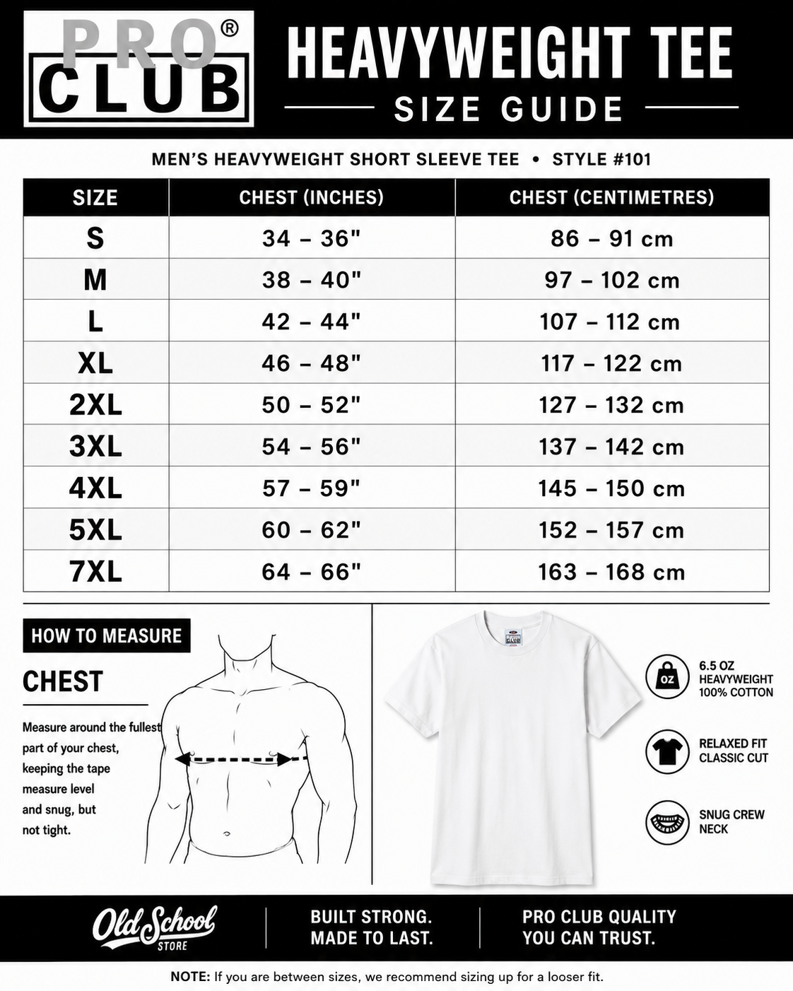 Pro Club Heavyweight Tee Size Guide - Style #101